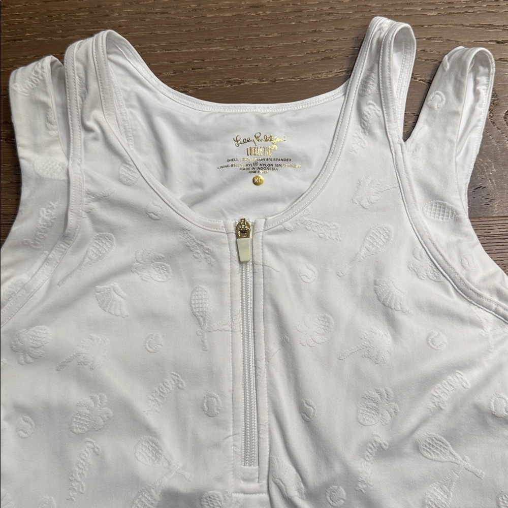 Lilly Pulitzer Luxletic XL White Embossed Tennis Dress | Ruffle Hem | Zip Front - Picture 4 of 6